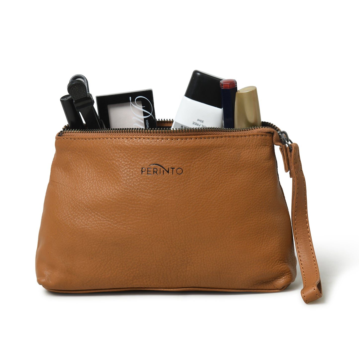 Perinto Leather vanity pouch unisex PUVP-4001 Tan